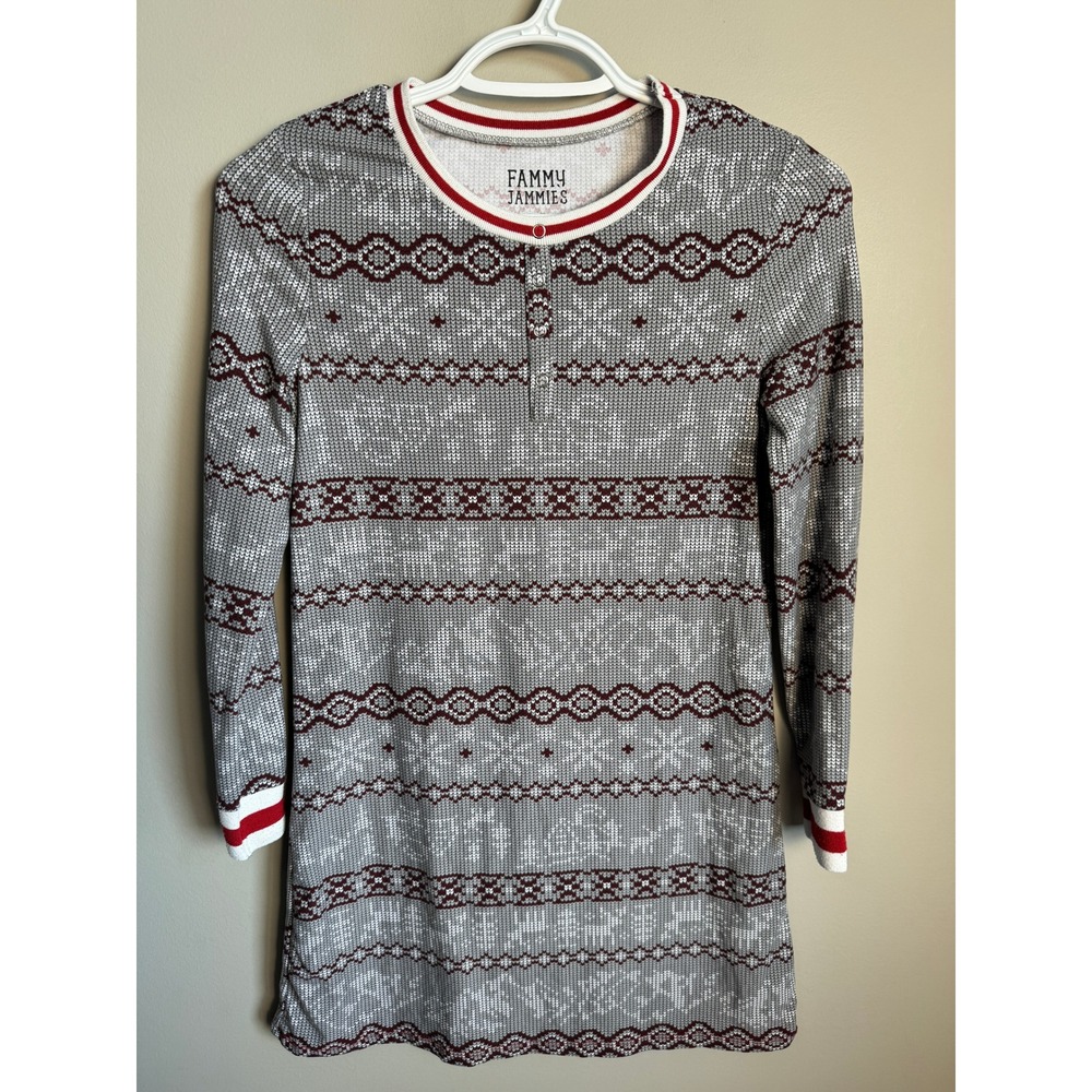 Fammy Jammies Girls Gray Fair Isle Henley Pajama Top M Holiday Cozy Winter